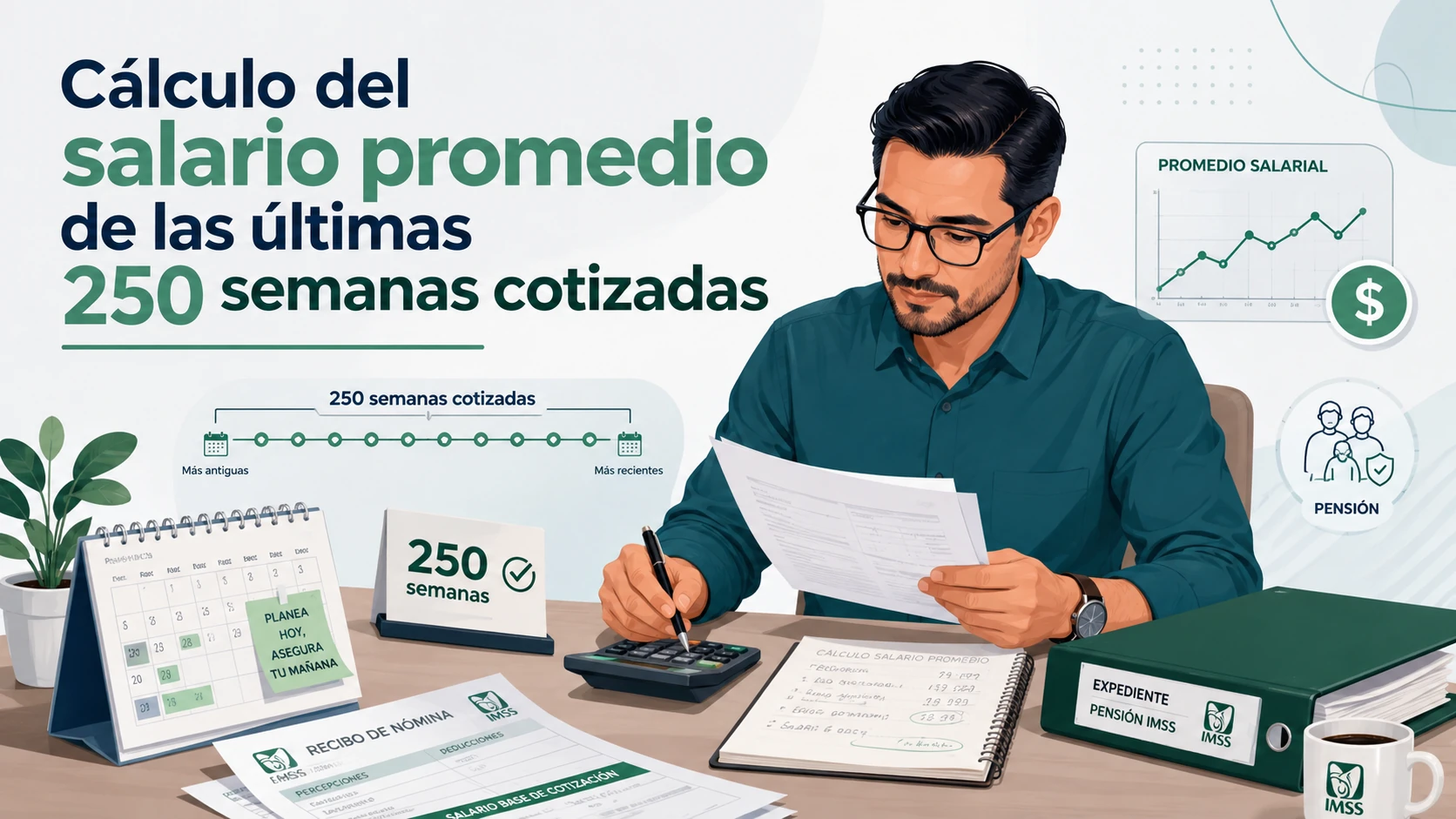 Mujer mexicana revisando recibos de nómina para calcular salario promedio 250 semanas IMSS