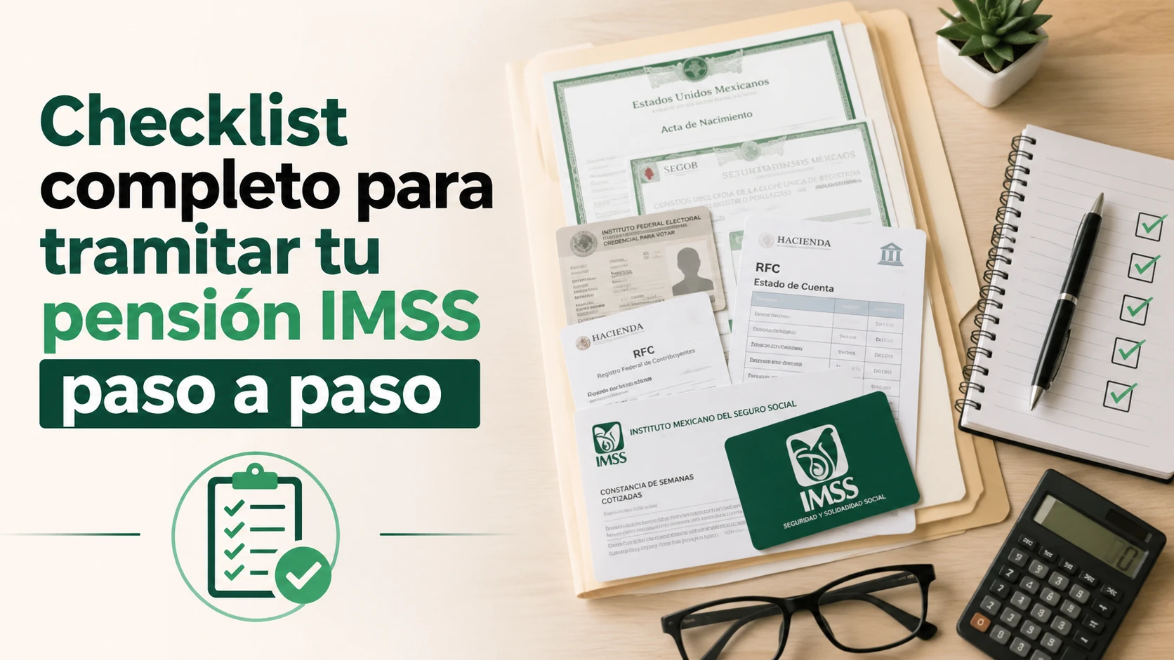 Mujer mexicana organizando documentos del IMSS sobre mesa de comedor para trámite de pensión
