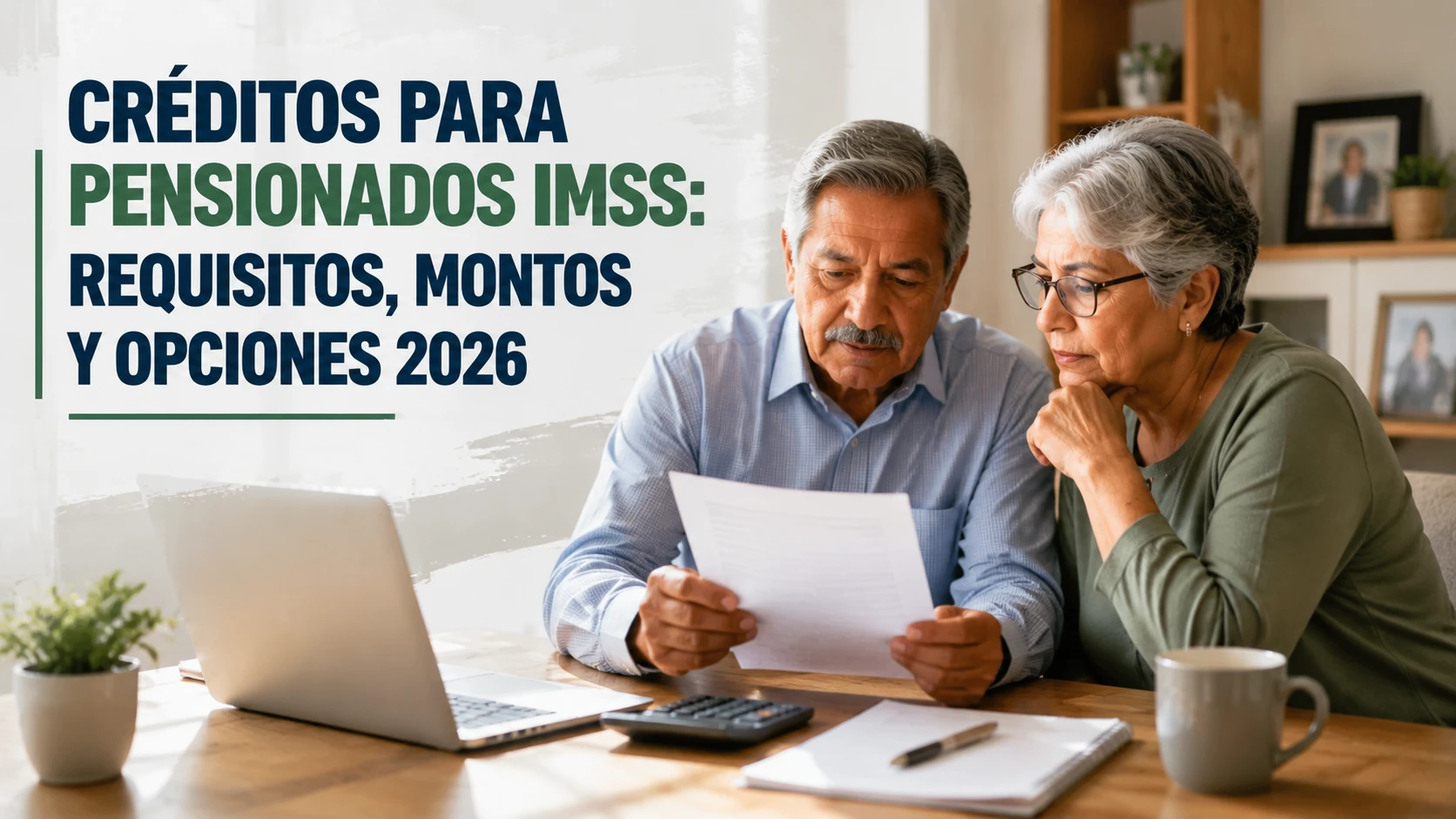 Matrimonio mexicano pensionado revisando contrato de crédito y talones de pensión en su comedor