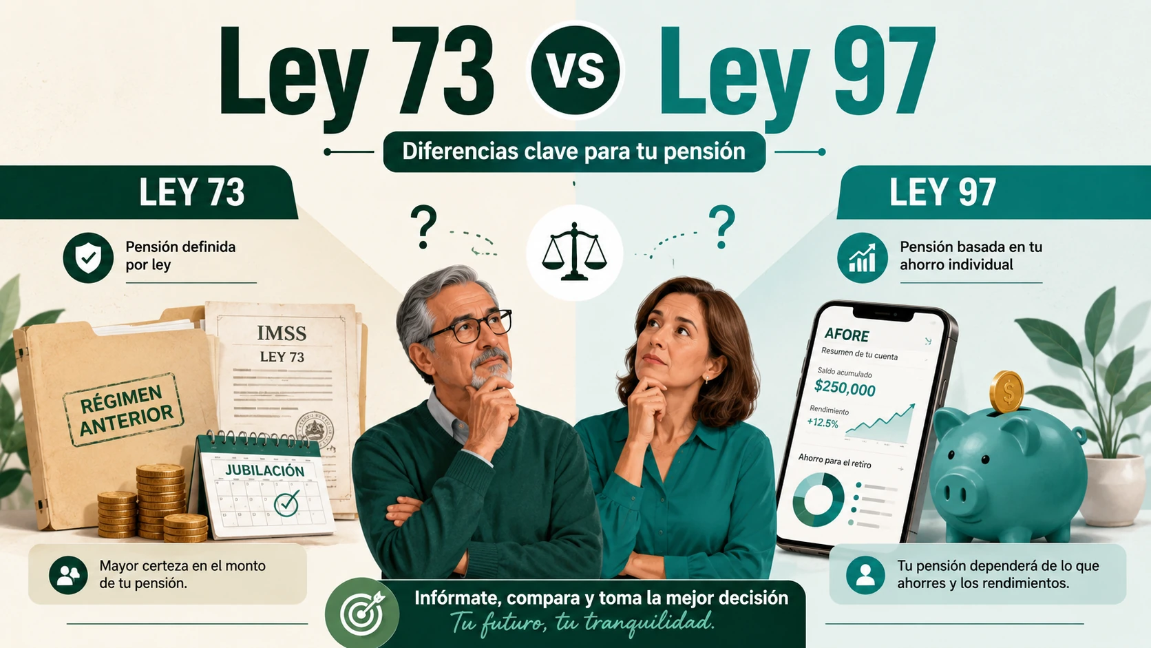 Hombre mexicano jubilado comparando documentos de Ley 73 y Ley 97 IMSS