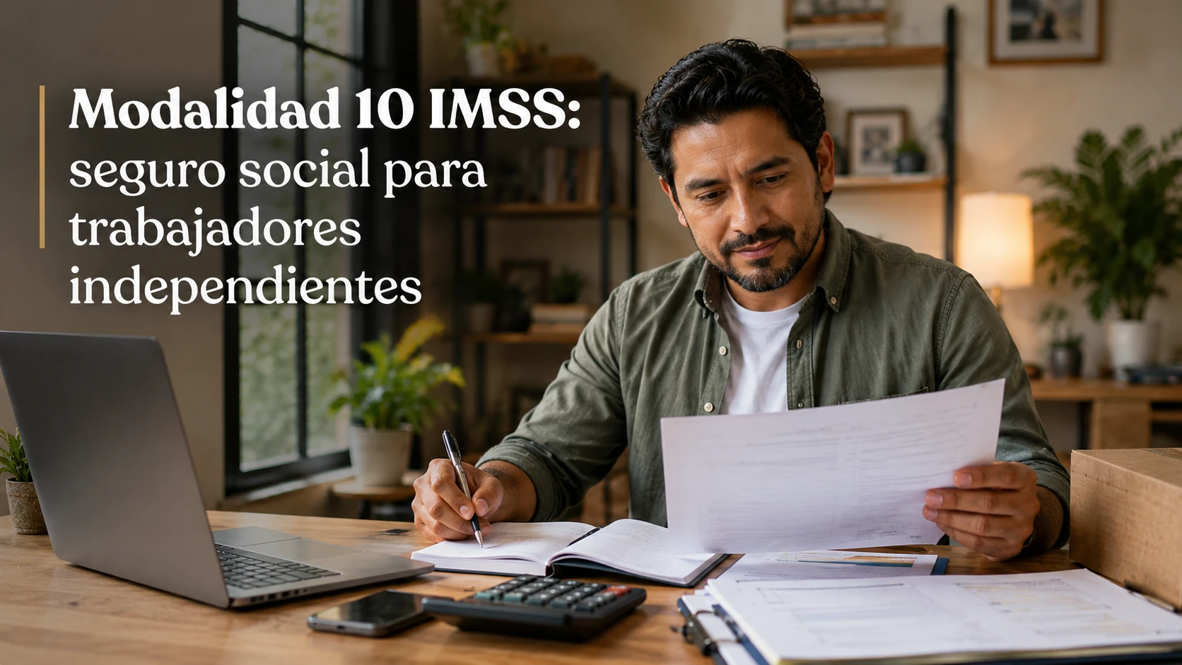 Mujer mexicana diseñadora freelance revisando documentos del IMSS para inscribirse a Modalidad 10