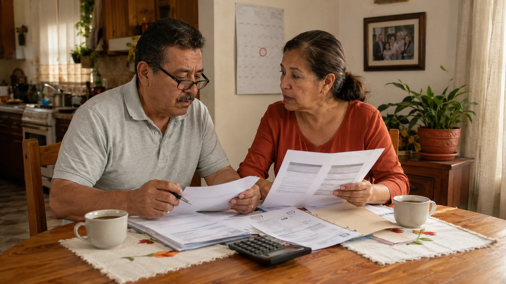 Pareja mexicana comparando documentos de Modalidad 10 y Modalidad 40 IMSS en mesa del comedor