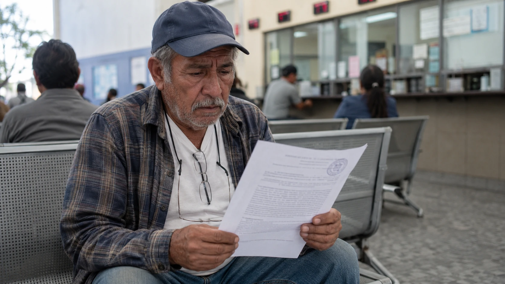 Hombre mexicano mayor sentado afuera de oficina del IMSS con carta de negativa de pensión