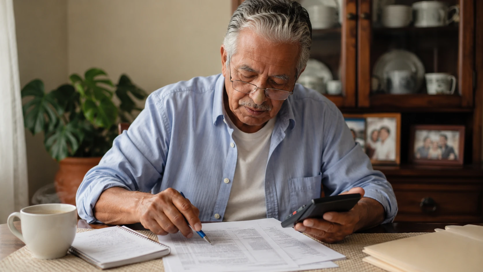 Hombre mexicano de 60 años calculando su pensión IMSS Ley 73 en la mesa del comedor