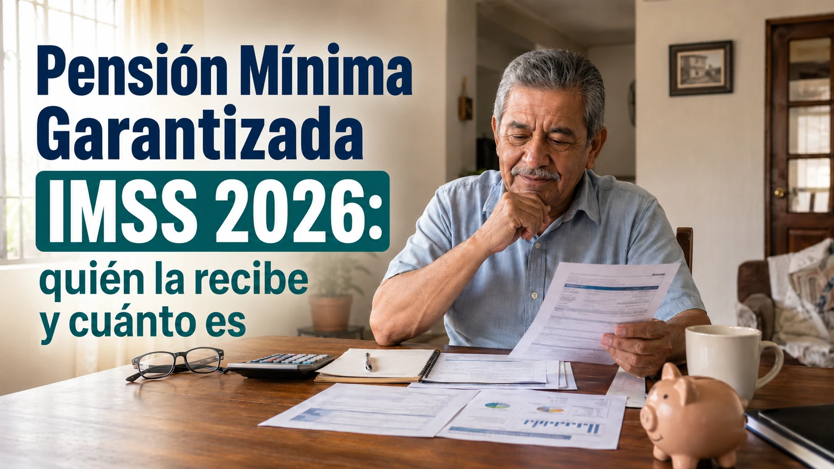 Hombre mexicano leyendo carta IMSS de pensión mínima garantizada en comedor