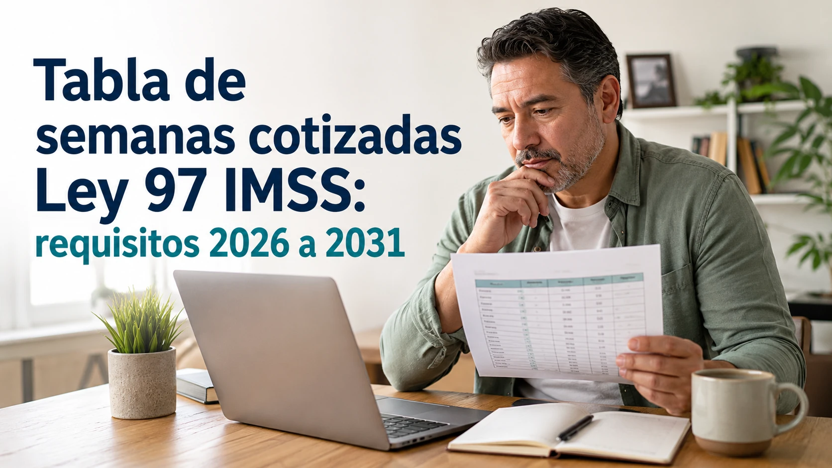 Hombre mexicano de 50 años revisando tabla de semanas cotizadas Ley 97 IMSS en su escritorio