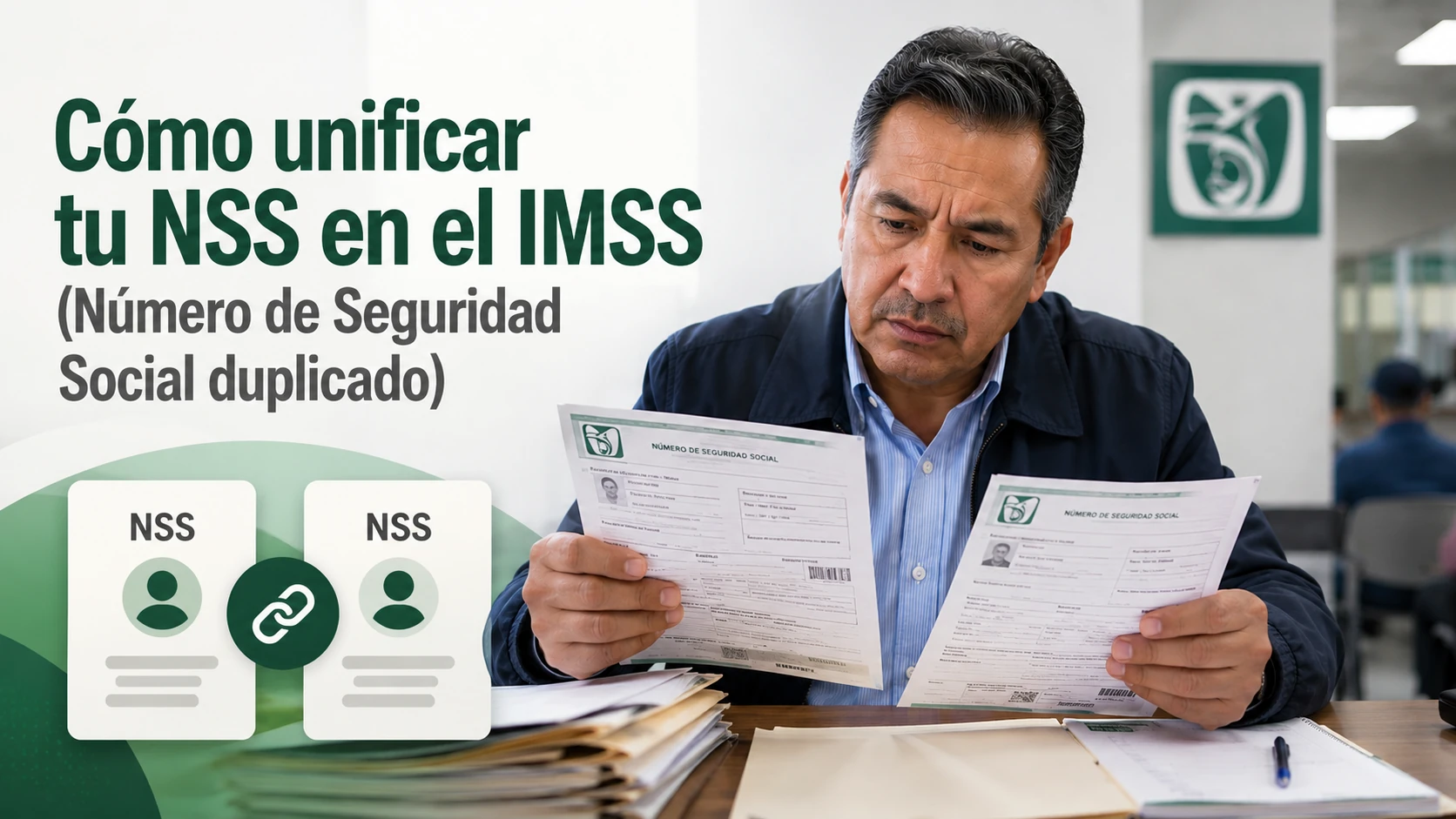Mujer mexicana revisando dos NSS IMSS distintos en su escritorio de casa